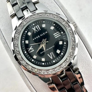 Anne Klein Silver Tone / Blac kWomen Watch 10/9457 Crystal Bezel - New Battery - Picture 1 of 14