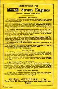Mamod SE3 - live steam engines - copy (facsimile) operating instruction leaflet - Picture 1 of 2