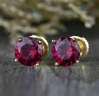 14K Yellow Gold Plated 2 Ct Round CutMoissanite Red Ruby Solitaire Stud Earrings - Image 1 of 3