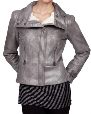 Chaqueta Moto VIA SPIGA Mujer Mediana Metálica Imitación Piel de Oveja Peplum Cremallera Frontal Foto 1 de 4