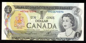 1973 Canada $1 replacement note Lawson Bouey *M/C6670594 miscut CH UNC - Picture 1 of 2