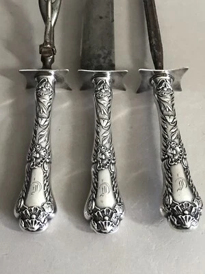 Antiguo JUEGO DE TALLADO ASADO CON MANGO ESTERLINA GORHAM 3 piezas Art Nouveau Amapola 1902 Foto 1 de 4