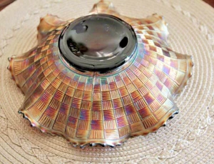 Vintage 8" Ruffle Scalloped Rainbow Amber Gold Basketweave Carnival Glass Bowl - Picture 1 of 9