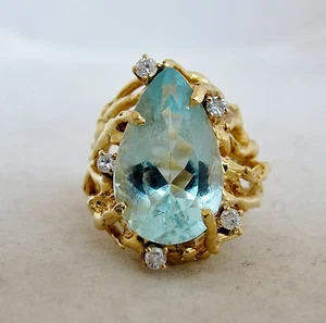 Vintage 14K Gold Ring with 19mm Aquamarine & 5 Diamonds (12.9 grams, size 4.75) - Picture 1 of 12