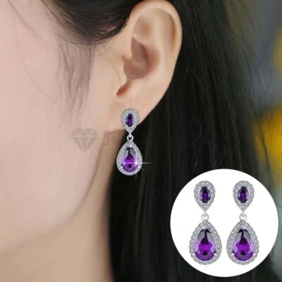 Purple Cubic Zirconia Water Drop 925 Sterling Silver Drop Dangle Earrings Gift - Image 1 of 4