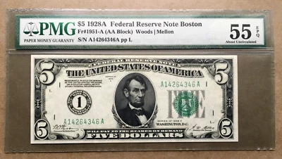 1928A $5 FRN BOSTON   Fr. 1951-A  / PMG 55 EPQ  Ser# A 14264346 A - Image 1 of 3