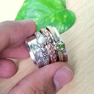 Peridot & Pearl ring, Spinner ring Gemstone 925 Silver ring Meditation ring V19 - Foto 1 di 3