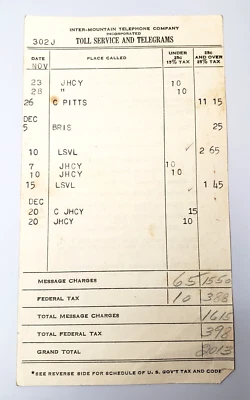 Inter-Mountain Telephone Company - Factura de servicios de peaje y telegramas - Tennessee Foto 1 de 4