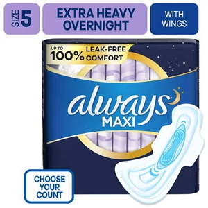 Always Maxi Pads with Wings, Size 5, Extra Heavy Overnight Absorbency, 36 CT - Picture 1 of 7