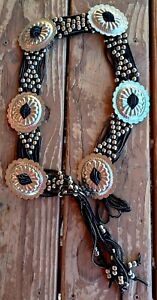 Black Suede Large Conchos Silver Beads Belt Boho Gypsy Hippie Western Fringe 37"