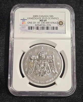 2009 NGC MS69 Canada 1oz Fine Silver $5 Coin Vancouver 2010 Olympics Thunderbird - Image 1 of 4