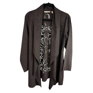 Soft Surroundings Faux Suede Jacket Open Front Brown Laser Cut Sz M Boho Western - Picture 1 of 10