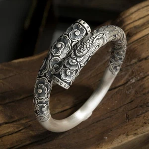Neu Chinesischer Stil Vintage Silber Drache Wolke Armreif Handarbeit Herren Kühn Armband - Bild 1 von 5