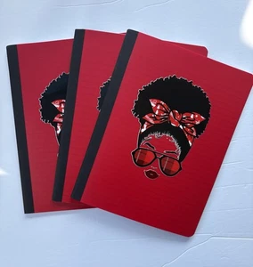 Messy Bun Composition Book | Afrocentric Black Woman Hair Red Notebook - Picture 1 of 2