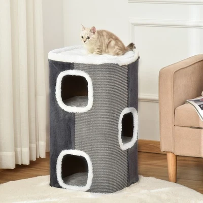 PawHut Cat Barrel Scratching Post Tree, Plush Fleece Indoor Cat Tower, Grey - Image 1 of 4