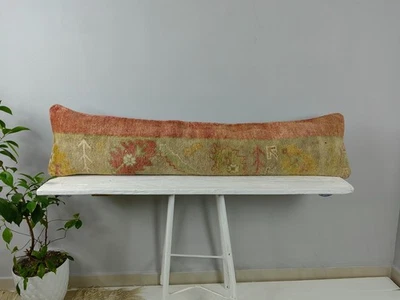 Vintage 12x48 Kilim Pillow | Handmade Turkish Lumbar Cover Rug Wool - Image 1 of 4
