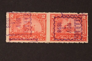 USIR POSTAGE 2C STAMP 1898 PRECANCEL F.A.R.&CO NOV 1 1898 REVENUE PAIR - Picture 1 of 2