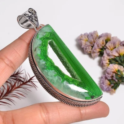 Grün Fenster Botswana Achat Druzy Quarz Handmade 925 Silber Anhänger 3.3 " 33.5 - Bild 1 von 4