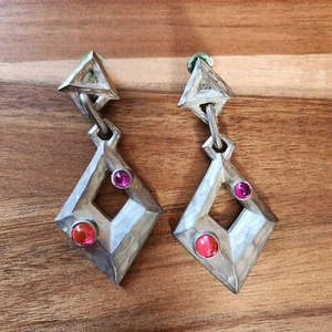 Vintage Pewter Clip On Earrings Art Deco Dangling Ears 80s Pink Beaded Jewelry - Picture 1 of 4