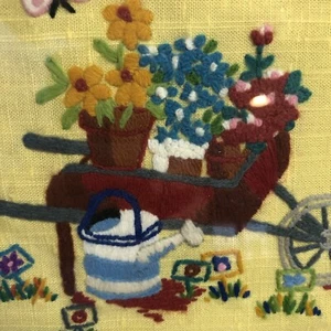 Needlepoint Flower Cart Crewel Yellow Completed Framed Cottagecore - Picture 1 of 6