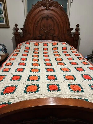 Edredón Vintage Crochet Abuelita Cuadrado Naranja 3D Flores Hecho a Mano 90 X 60 Foto 1 de 3