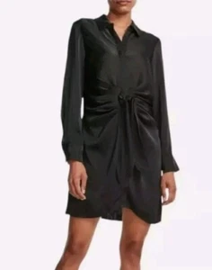 BB Dakota Steve Madden Black Long Sleeve Tie Waist Ruched Satin ShirtDress Sm C3 - Picture 1 of 8
