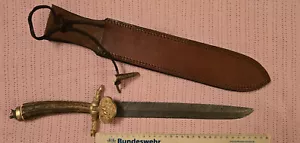Großes altes Jagdmesser Damastklinge mit Lederscheide - Bild 1 von 10