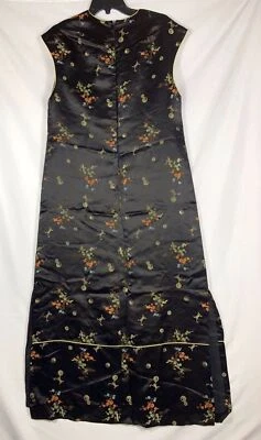 Vestido Vintage Mujer Grande Cheongsam Negro Seda Maxi Sin Mangas Aberturas Laterales Forrado Foto 1 de 4