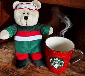 Lote Starbucks: Taza 18oz, Borde Dorado/Logo Verde y Oso Barista de Peluche de Peluche de 11" - Imagen 1 de 11