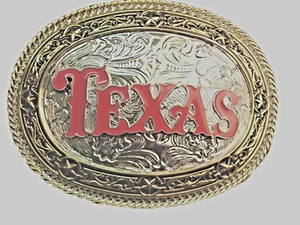 State of Texas Text Belt Buckle Rodeo Western Cowboy Men Women Red Metal Cosplay - Picture 1 of 8