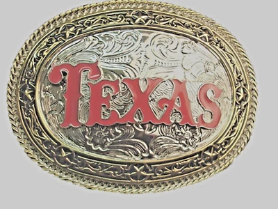 State of Texas Text Belt Buckle Rodeo Western Cowboy Men Women Red Metal Cosplay - Image 1 of 4
