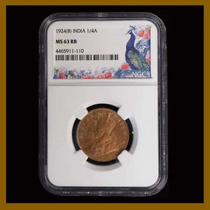 British India 1/4 Anna, 1924 (B) Bombay NGC MS 63 RB King George V - Picture 1 of 2