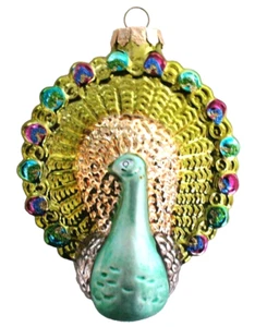 PEACOCK~Hand Blown~GLASS BIRD~Christmas~ORNAMENT~Glitter~4" x 3.25"~FIGURAL~EC - Picture 1 of 8