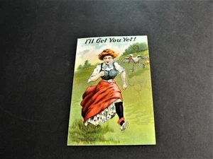  I'll Get You Yet! Stork & Girl-Ben Franklin 1 Cent -1909 Comic Postcard. RARE.  - Picture 1 of 3