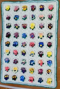 Handmade Crochet Afghan Blanket W 3D Pansy Granny Squares 72" X 52" VTG #D12 - Picture 1 of 7