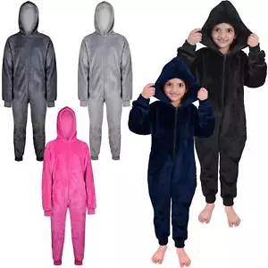 Kids Girls Boys Plain Fleece A2Z Onesie One Piece Hooded All In One Jumpsuit - Picture 1 of 27