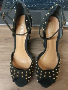 Shutz ~ Tacco Dionise Nero Nubuck Oro Borchiato ~ Taglia 10B - Foto 1 di 8