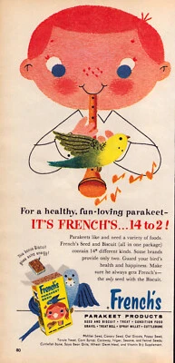 French's Parakeet Seed Food Cute Boy Plays Music Happy Vintage Print Ad 1959 - Image 1 of 4