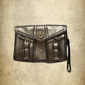 Karen Millen Leather Gunmetal Silver Clutch Bag With Buckle Details - Picture 1 of 8