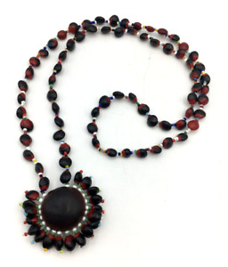 Tribal Multicolor Seed Pendant Necklace Red/Black Seeds Ethnic 17.5L Boho