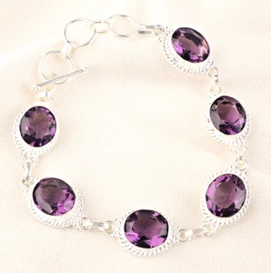 African Amethyst Gemstone 925 Sterling Silver Handmade Jewelry Bracelet 8" - Picture 1 of 6