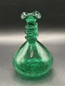 Vintage Blenko Green Rainbow Crackle Glass Bottle/Decanter No stopper GLOWS - Picture 1 of 7