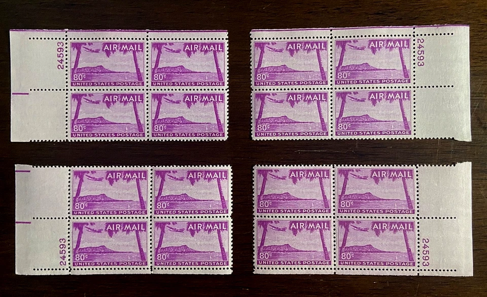 1952 Airmail Sc C46 80c Hawaii matched corner plate blocks MNH - Plate # 24593 - Image 1 of 1