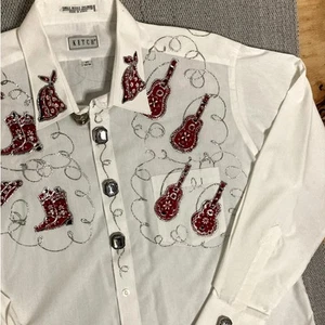 Vtg Ketch Western Shirt Men 17 XXL White Embroidered Cowboy Hats & Boots Glitter - Picture 1 of 11