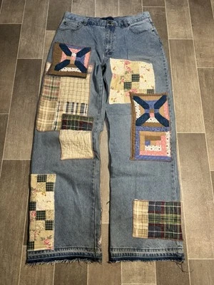 Vintage Baggy Denim Patchwork Custom Pants Quilts Size 34x34 One Of A Kind - Image 1 of 4