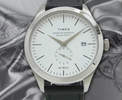 Timex 41mm Americana Documenti Pelle Cinturino TW2R82700 Ss Quarzo Data Bianco - Immagine 1 di 4
