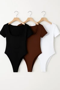 Women’s Scoop Neck Short Sleeve Ribbed Bodysuit - 3 Colors - Picture 1 of 11