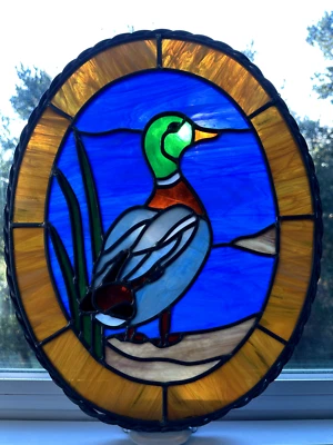 Colgante de ventana grande ovalado de vidrio con plomo - colorido pato mallardo Foto 1 de 4