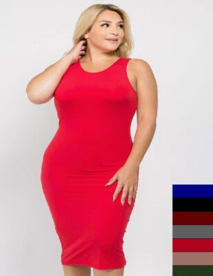 Женщин XL/1XL, 2XL, 3XL твердого обтяжку круглый вырез Майка без рукавов Midi платье! - Изображение 1 из 3