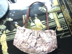 Victoria's Secret Small Tapestry Handbag Purse Brown Gold Silver Pink 9.5" x 5" - Picture 1 of 12